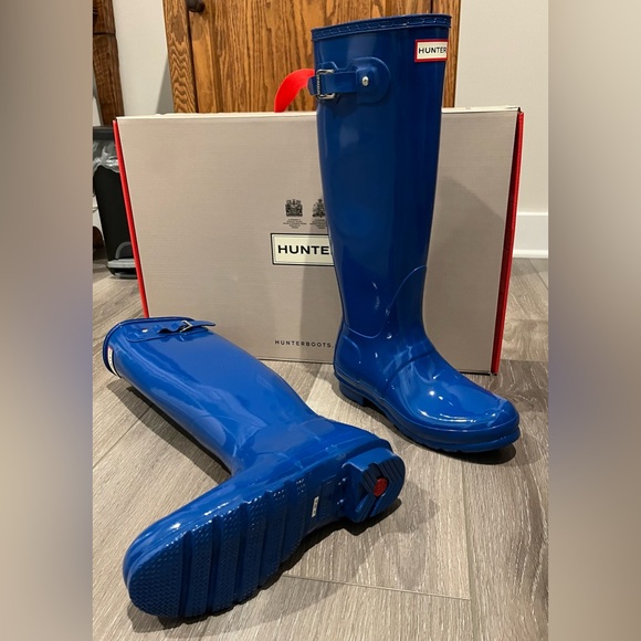 HUNTER WOMENS ORIGINAL TALL GLOSS RAIN BOOTS SIZE 8 AZURE BLUE NWT! - Picture 5 of 5